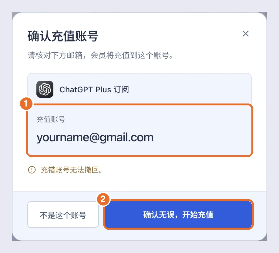 确认充值账号弹窗:1 充值账号邮箱,2 确认无误,开始充值